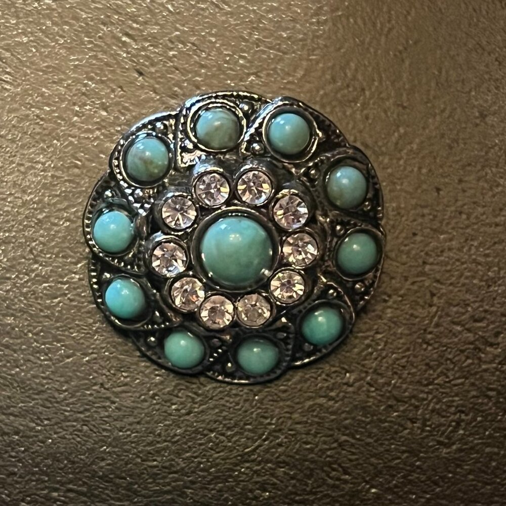 Vintage Small Faux Turquoise Brooch or Pin with Clear Rhinestones